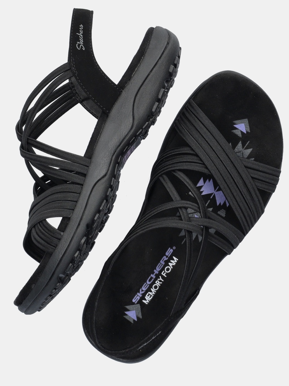 Skechers reggae slim women size 9 black Strappy Memory Foam Sandals with Purple